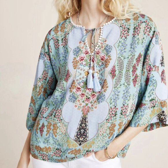 FARM RIO Lt Blue Peasant 3/4 Flutter Sleeve Blouse Sz S - Picture 1 of 12